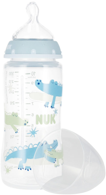 NUK Butelka 300ml z smoczkiem 6-18msc z wkaźnikiem temoeratury niebieska Mr Puggy.webp